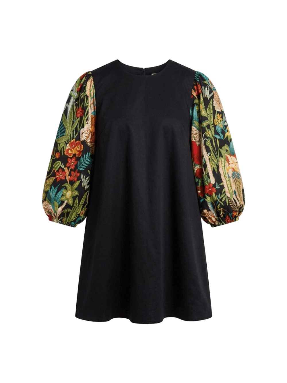 A black A-line mini dress with three-quarter sleeves featuring a vibrant, multicoloured Frida Kahlo, shown against a plain black background.
